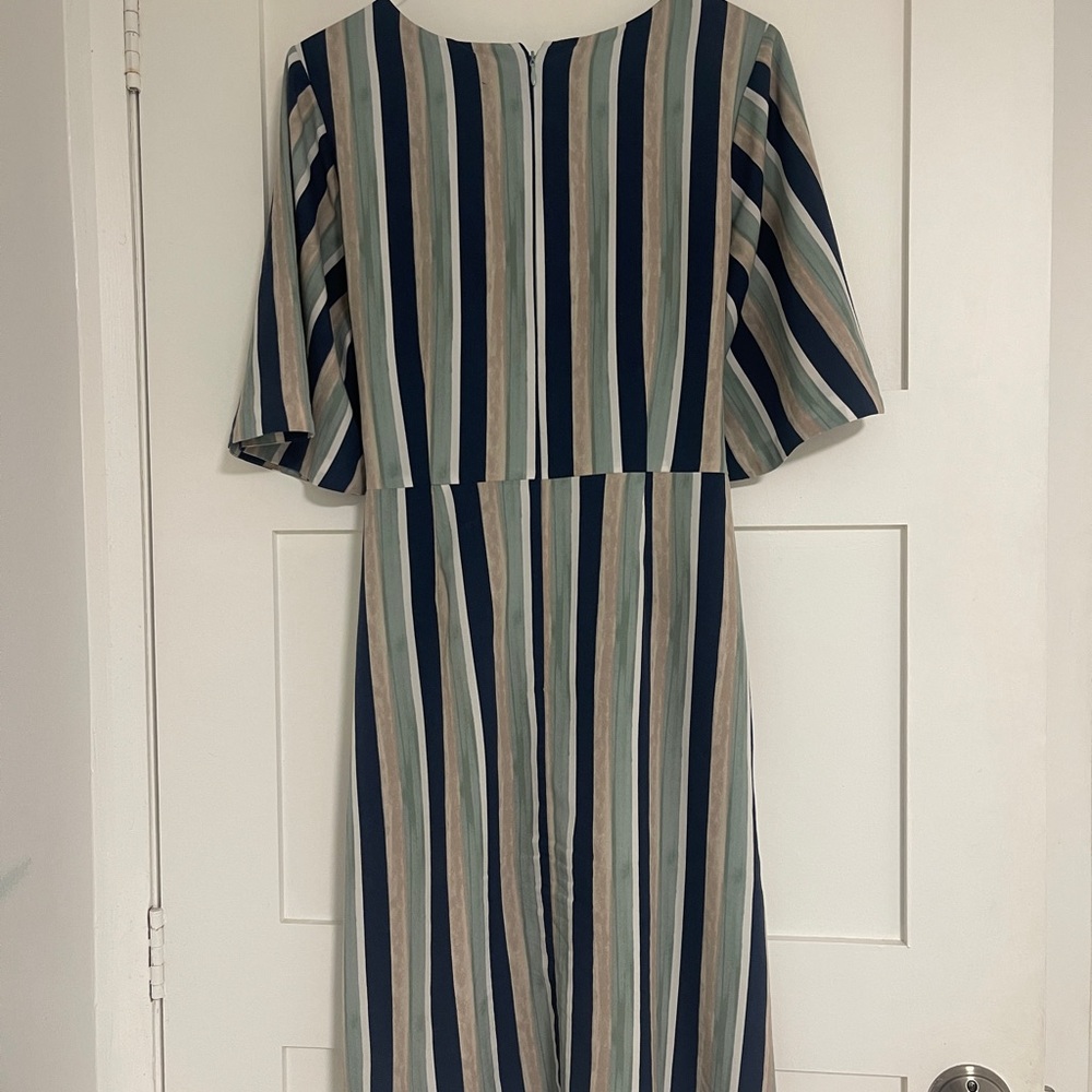 Ann Taylor Striped Tie-Waist Midi Dress in Navy, Sage, and Beige - Picture 3 of 5